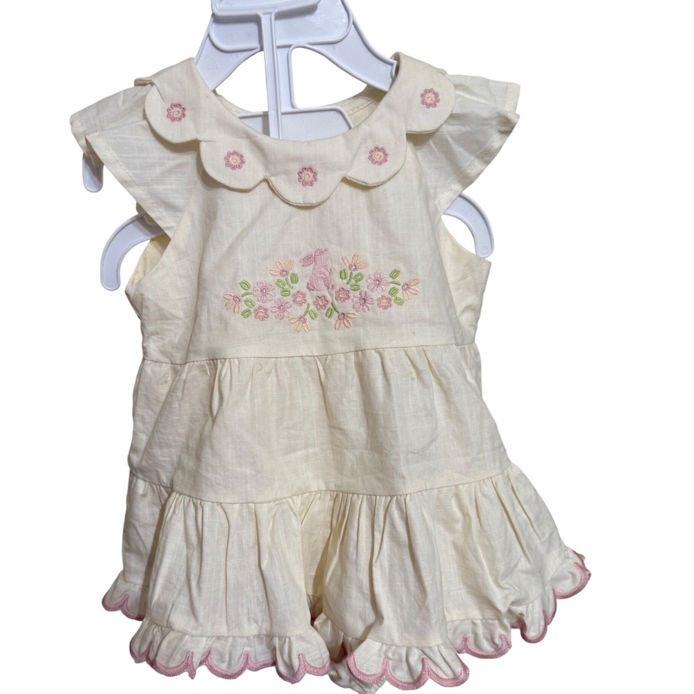 Cynthia Rowley Baby Girls Cream Floral Bunny Embroidered Tiered Dress Set 6-9M‎